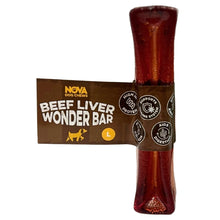 Load image into Gallery viewer, NOVA Beef Liver Wonder Bar dog chew, large size, showing the dark reddish-brown translucent chew with its brown paper label.
