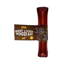 Load image into Gallery viewer, NOVA Dog Chews Beef Liver Wonder Bar L, a dark reddish-brown dog chew bone with a brown paper band label, shown on a plain white background.
