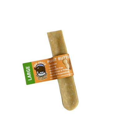 A large, rectangular dog treat resembling a peanut butter-flavored chew, with an attached orange and green label that reads 'Yak Peanut Butter Large'.
