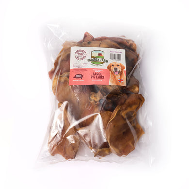 Pack of 10 large dried pig ears in a clear plastic packaging with a label showing a picture of a golden retriever.