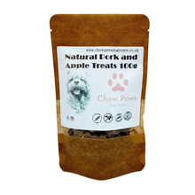 Load image into Gallery viewer, Dog treat package labeled 'Natural Pork and Apple Treats 100g' by Chow Paws on a white background

