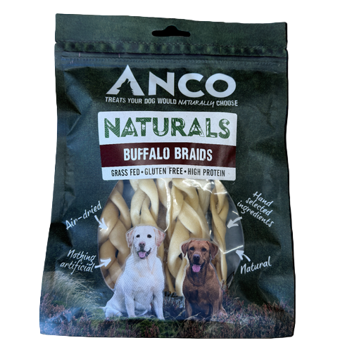 Anco Naturals Buffalo Braids dog treat package with images of two dogs on a white background