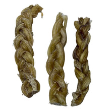 Load image into Gallery viewer, Three braided paddywack chews of different lengths on a white surface with a shadow.
