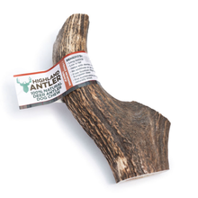 Load image into Gallery viewer, Highland Antler natural deer antler dog chew with a label on a white background

