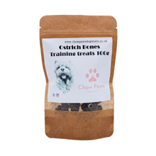 Load image into Gallery viewer, Dog treat package labeled 'Ostrich Bones Training treats 100g' by Chow Paws on a white background
