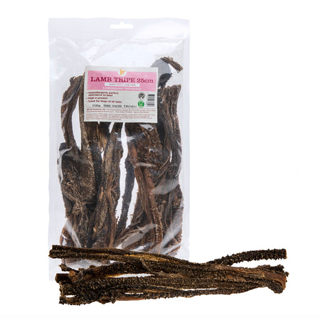 Packaged lamb tripe sticks with a label on a white background