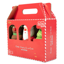 Load image into Gallery viewer, A red gift set box with a handle, containing three latex dog toys designed to look like Santa, Rudolph, and a Christmas tree, plus a small plush Santa figurine.
