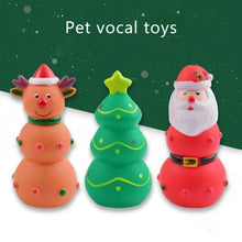 Load image into Gallery viewer, Three Christmas-themed pet vocal toys: an orange reindeer with a red hat, a green Christmas tree with a yellow star, and a red Santa Claus figure with a white beard, shown against a dark green snowy background with the text 'Pet vocal toys'.
