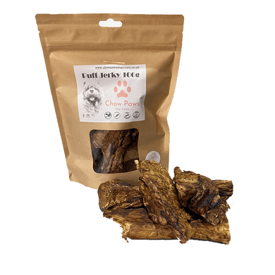 Kraft paper packaging of dog treats with visible treats on a white background