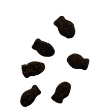 Load image into Gallery viewer, Small black Salmon and Trout Training Treats 100g  on a white background
