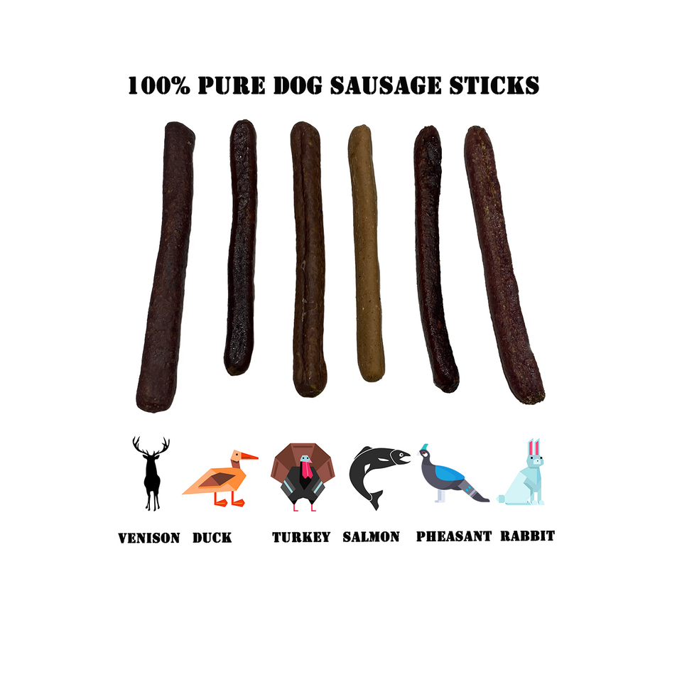 Dog sausages with labels for different types of meat on a white background