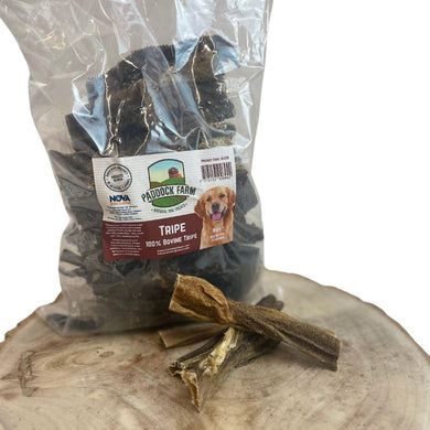 Packaging of Nova Paddock Farm Tripe 1kg, displaying the product and its name, along with an image of a dog on the label.