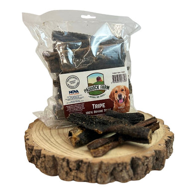 Packaging of Nova Paddock Farm Tripe with individual tripe pieces displayed in front of the package on a wooden surface.
