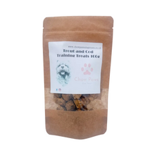Load image into Gallery viewer, Brown bag of trout and cod training treats with a label on a white background
