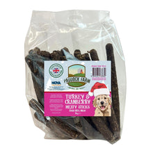 Load image into Gallery viewer, Bag of Paddock Farm turkey and cranberry treats with a Christmas-themed label on a white background

