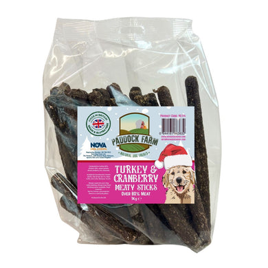 Bag of Paddock Farm turkey and cranberry treats with a Christmas-themed label on a white background