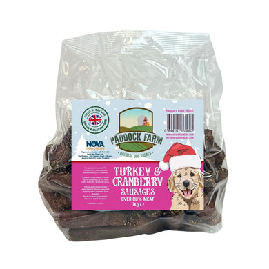 Bag of Paddock Farm Turkey & Cranberry Sausages with a label on a white background