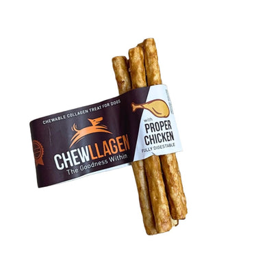 Pack of Chewllagen mini chicken roll dog treats with the packaging showing the product name and 'proper chicken' text indicating the flavor.