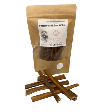 Bag of Chow Paws Venison Skins with some sticks displayed in front on a white background