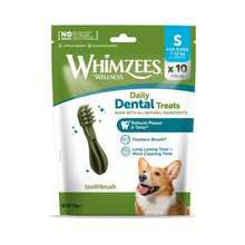 Load image into Gallery viewer, Whimzees Daily Dental Treats packaging for dogs with a green toothbrush illustration and dog image on a white background.
