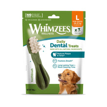 Load image into Gallery viewer, Whimzees Daily Dental Treats packaging for dogs with a toothbrush illustration and dog image on a white background.
