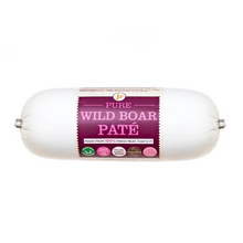 Load image into Gallery viewer, A white cured meat sausage log labeled 'PURE WILD BOAR PATÉ' with a prominent purple label, shown on a plain white background.
