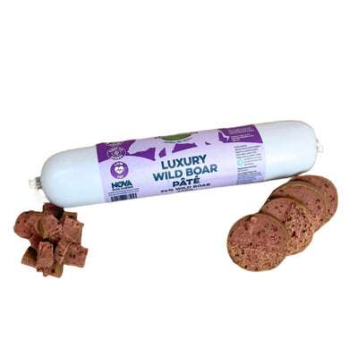 Packaging of Nova Luxury Wild Boar Pate with visible slices of the product beside it.