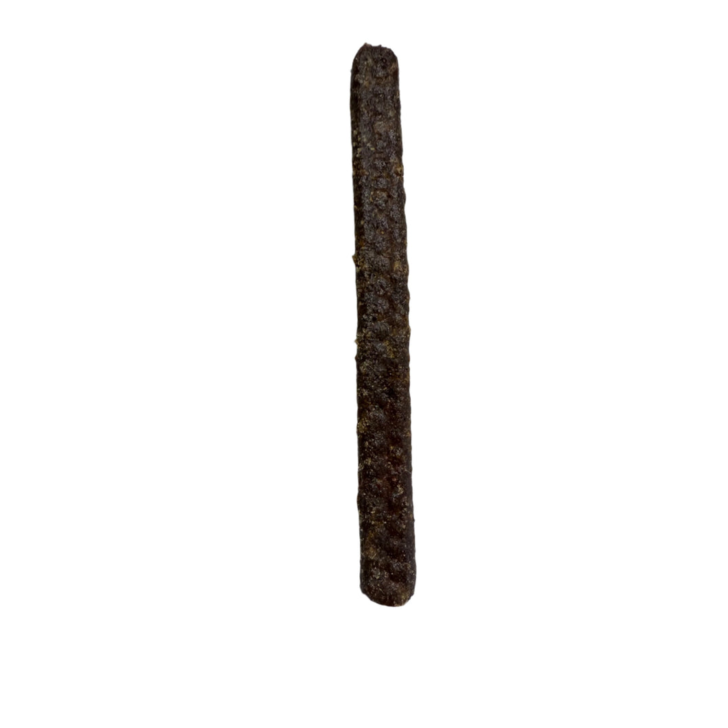 Long, thin, textured Wild Boar Sausage on a white background