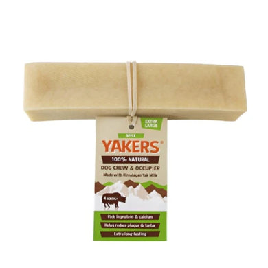 A large, beige, cylindrical dog chew treat made from yak milk, packaged with branding labels.