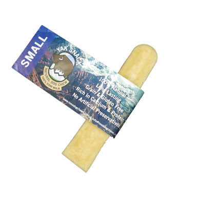 A packaged Himalayan dog chew snack made from yak cheese, with labeling indicating it is natural, long-lasting, and grain and gluten-free.