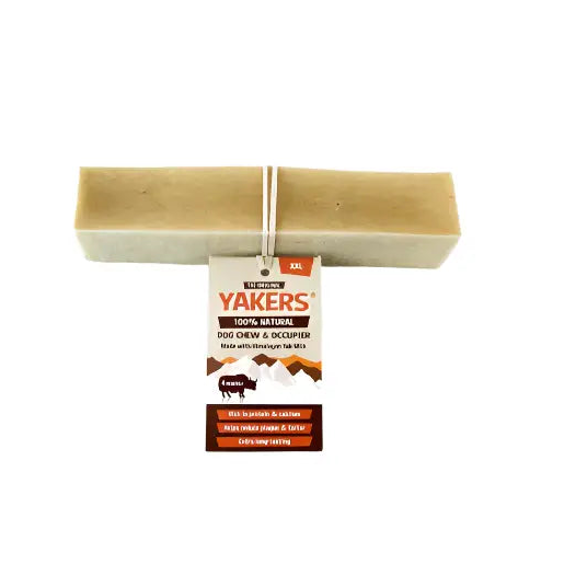 Yakers dog chew package with a large natural chew on a white background
