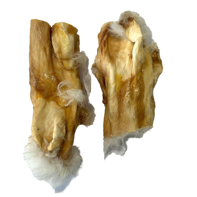 Two rolled rabbit skin snacks against a white background