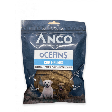 Anco Oceans Cod Fingers dog treat package on a white background