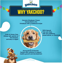 Load image into Gallery viewer, Advertisement for yakchoo dog chews with a blue background and text highlighting features.
