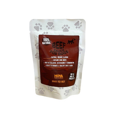 A pouch of Nova Beef Sauce with text indicating it is 100% natural and grass-fed beef. The background is white with a pattern of red and white paw prints.