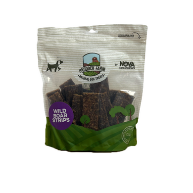 Packaging of Nova Paddock Farm 100% Boar Strips 500g, displaying the product inside a transparent bag with green and white branding.