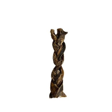 A twisted, braided dog treat made from buffalo, with a brown color and a natural texture.