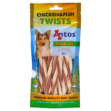 Load image into Gallery viewer, Package of Antos Chicken &amp; Fish Twists dog treats on a white background

