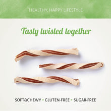 Load image into Gallery viewer, Three twisted snacks on a white background with a green banner at the top.
