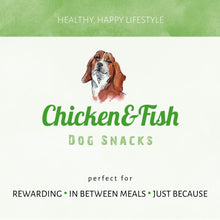 Load image into Gallery viewer, Dog snacks brand &#39;Chicken &amp; Fish&#39; with a dog illustration on a green and white background.
