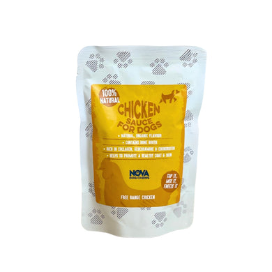 A pouch of Nova Chicken Sauce for Dogs, 100ml, with branding and flavor information on the packaging.