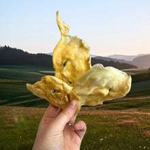 Load image into Gallery viewer, Hand holding three dried lamb snouts with a scenic background
