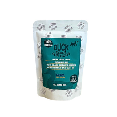 A pouch of Nova Duck Sauce for dogs, indicating it is a natural duck flavor product designed for pet health.