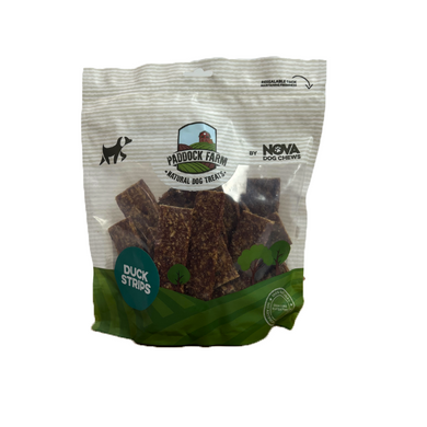 Packaging of Nova Paddock Farm 100% Duck Strips 500g, showing the product name and duck strips inside the transparent window.