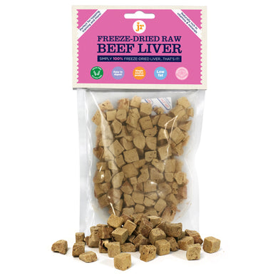 Bag of freeze-dried raw beef liver with pink label on a white background