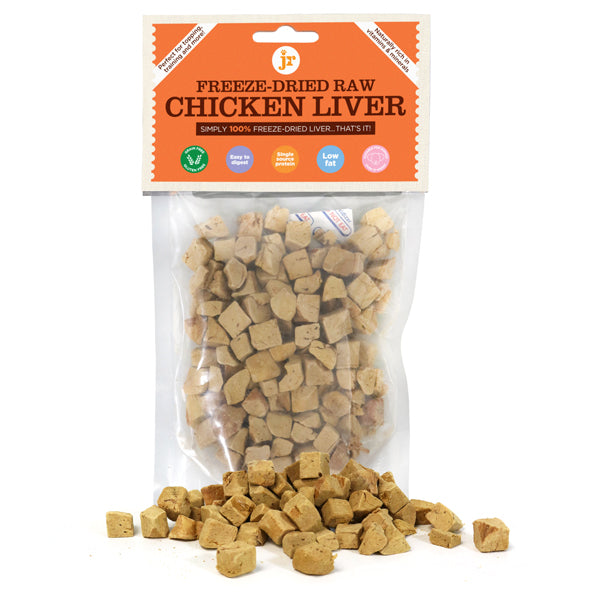 Package of freeze-dried raw chicken liver with visible chicken liver pieces on a white background