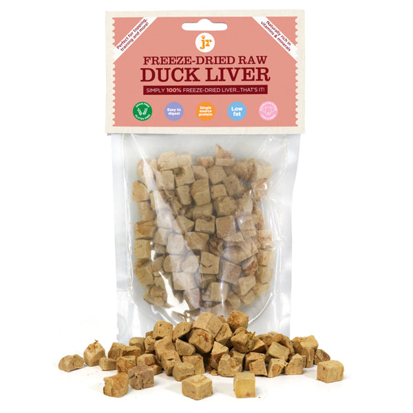 Package of freeze-dried raw duck liver with visible product and brand label on a white background