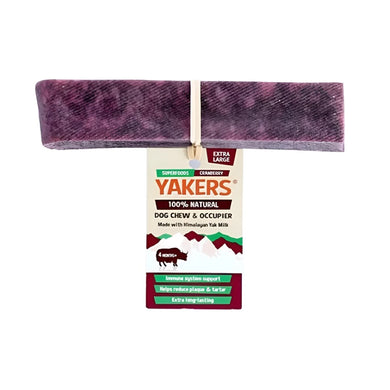 A packaged Yakers Cranberry XL dog chew treat, which is a rope-shaped chew made from Himalayan Yak Milk, with the brand's label showing the product name and description.