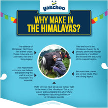 Load image into Gallery viewer, Yakchoo advertisement about Himalayan Yak Chews with a person and yak in the center.
