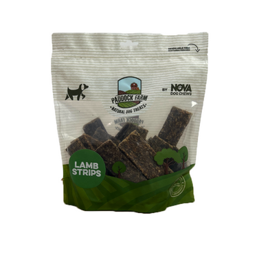 Packaging of Nova Paddock Farm 100% Lamb Strips 500g showing the product name and pieces of lamb strip inside the transparent window.